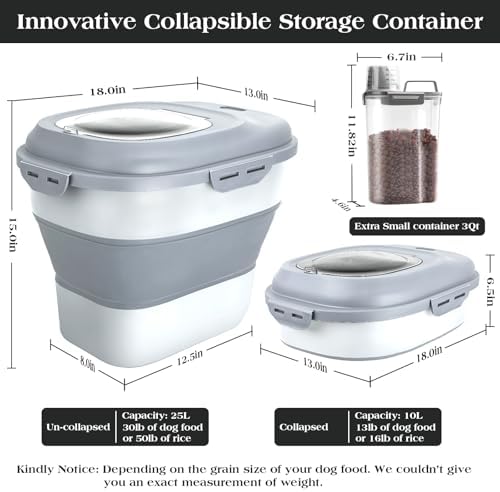 TIOVERY Dog Food Storage Container, Airtight Collapsible 13lb to 30lb Pet Food Container with Flip Top, Rolling Wheel, Scoop and 3L small container for Dog Cat Food and Dry Food of Rice, Flour - Image 2