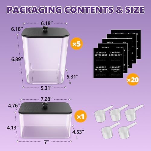 Moforoco 5+1Pack Laundry Pods Container, Clear Laundry Room Organization Containers,Large Detergent Powder Storage, Black Wooden Lids & Labels, Acrylic Pods Holder - Image 2