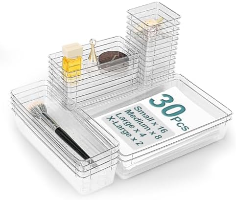 30Pcs Clear Plastic Drawer Organizers Set, 4size makeup drawer organizer trays for vanity,desk,bathroom,office,nightstand,gadgets for kitchen drawer, Versatile drawer divider storage bins by VEXTHYXOfficial