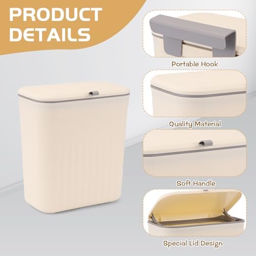 3 Pack Hanging Trash Can with Lid, Kitchen Compost Bin for Counter Top or Under Sink, Plastic Waste Basket Wall Mounted Garbage Can for Cupboard/Bathroom/Bedroom/Office/Camping (Cream) - Image 3
