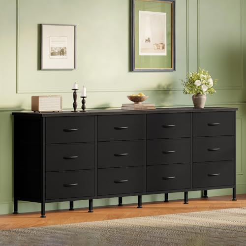 DUMOS TV Stand for Bedroom with Storage TV Stands for Living Room Black, 12 Drawer Dresser Farmhouse Entertainment Center for up to 80 Inch TVs, Media Console Table with Metal Frame Adjustable Feet - Image 2