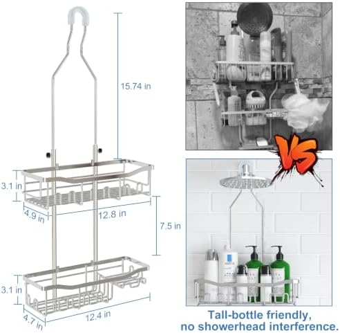 Upgraded Extended Length Shower Organizer with Hooks, Rustproof Shampoo Soap Holder, Large Hanging Bathroom Caddy, Silver - Image 2