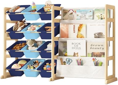 EXPERLAM Toy Storage Organizer with Bookshelf - 12 Storage Bins 4-Tier Multipurpose Shelf to Organize Toys and Books for Kids Room, Playroom, Nursery Room, Blue by EXPERLAM