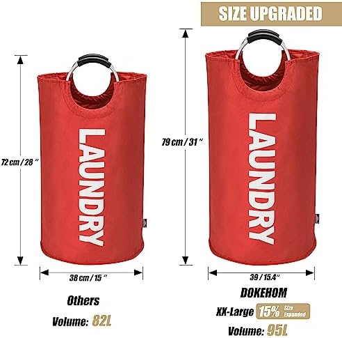 DOKEHOM 95L Large Laundry Basket, Collapsible Laundry Bag, Freestanding Tall Clothes Hamper, Foldable Washing Bin (Red) - Image 3