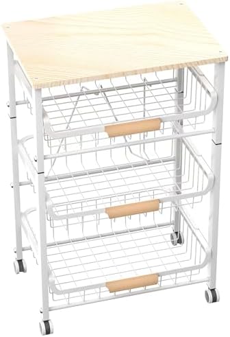 NiuYichee 4-Layer Fruit Basket Kitchen Food Storage Organizer and Storage Rack, Stackable Storage cart with Desktop, Pull-Out Hollow Metal Storage Basket, liding Out Storage,White by NiuYichee