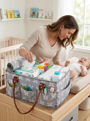 Moteph Diaper Caddy with Changing Mat, Large Baby Diaper Caddy Organizer with Lid, Portable Organizer Basket for Baby Essentials, Roll-Up Lid, Built-In Changing Mat Pocket - Image 2