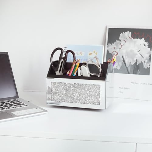 360 Rotating TV Remote Control Holder Storage Caddy for Pad Phone Pen and Pencils, Makeup Brush, Silver Crushed Diamond Desk Organizer for Bedroom Livingroom - Image 3