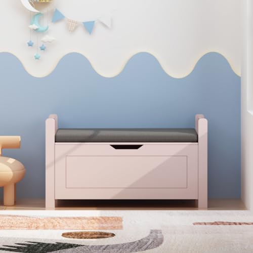 Storage Chest, Storage Bench with Cushion Seat, Toy Chest, Wooden Toy Box with 2 Safety Hinges, Shoe Bench, for Entryway, Living Room, Bedroom, Pink - Image 3