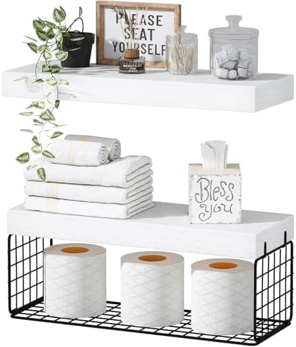 QEEIG Bathroom Shelves Over Toilet Wall (White and Black, Set of 2, 15.7") by QEEIG