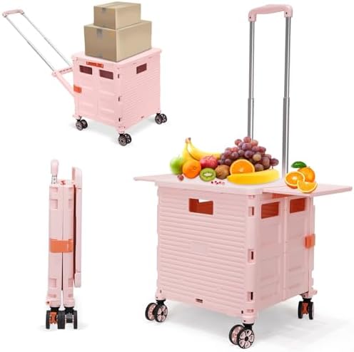 Foldable Utility Cart Rolling Crate Handcart Shopping Cart with Rotate Wheels Extended Magnetic Lid Telescoping Handle Adjustable Angle for Transports Groceries Office Teacher File(Pink) by SELORSS