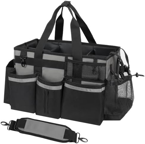 SCAVATA Wearable Cleaning Caddy, Cleaning Caddy Supplies Organizer with Handle & Shoulder Straps for Housekeepers, Under Sink & Car Cleaning Tool Organizers Bag with 4 Foldable Divider (MediumGrey) by Tidyyourlife