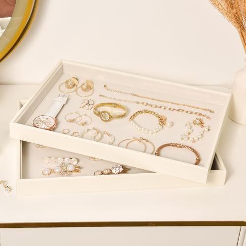 Beige Velvet Jewelry Tray for Drawers Black Jewelrys Display Tray Stackable Jewelry Organizer Trays for Necklace Bracelet Ring Watch (2 Pack) - Image 4