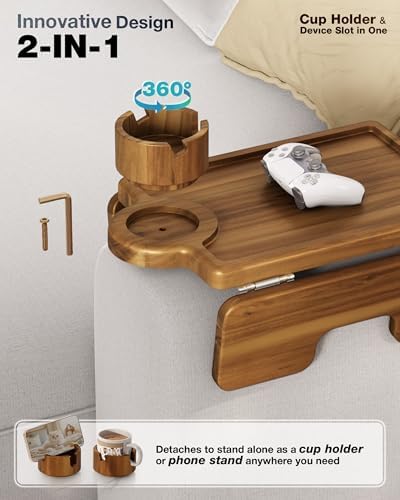 BLUEWEST Couch Armrest Table, Sofa Arm Tray with 360° Rotating Cup Holder - Image 5