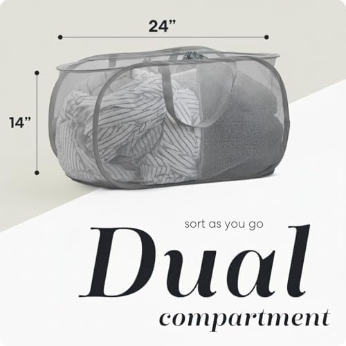 Handy Laundry Collapsible Laundry Basket, 2-Compartment Mesh Pop Up Hamper with Handles – Foldable, Space-Saving Dirty Clothes Organizer for Dorm, Travel, Laundry Room, Grey - Image 2