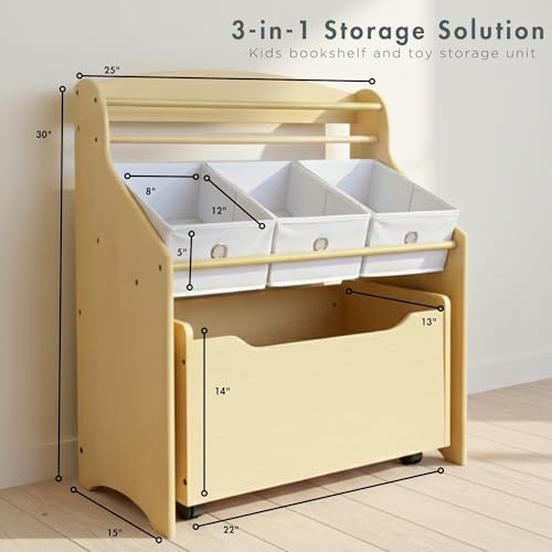 Humble Crew 3 in 1 Kids Bookshelf, Toy Organizer and Rolling Toy Box, Wood - Image 2