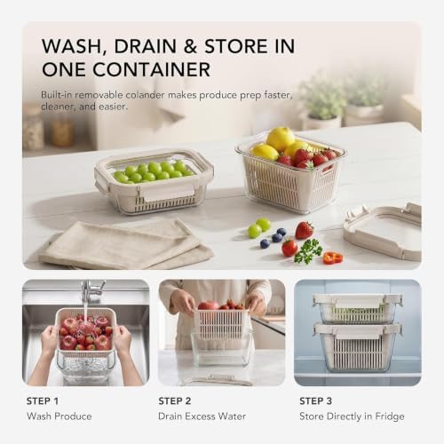 GENICOOK Glass Fruit Storage Containers for Fridge, 2 Set Produce Containers with Removable Colanders & Vent Glass Lids, Airtight Fruit & Vegetable Storage, BPA Free Borosilicate Glass - Image 3