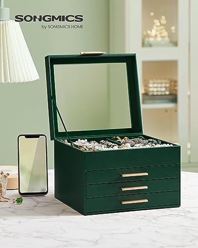 SONGMICS Jewelry Box Organizer, 4-Layer Storage with 3 Drawers, Glass Lid - Image 2