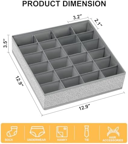 Joyoldelf Sock Drawer Organizer Divider Underwear Organizer 24-cell Fabric Dresser Drawer Organizers Storage Boxes for Socks Lingerie, Handkerchiefs, Ties 4 Pack (Gray) - Image 2