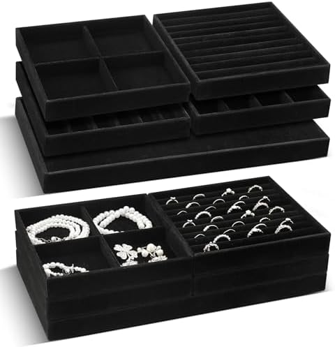 Cinnvoice Set of 10 Stackable Jewelry Organizer Tray for Drawer, Black by QinYee