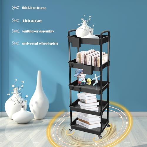 5 Tier Rolling Utility Cart with Handle,REBECAT Utility Cart Made of Multifunctional Storage Organizer Tool for Kitchen,Bathroom,Living Room,Office(Black) - Image 3