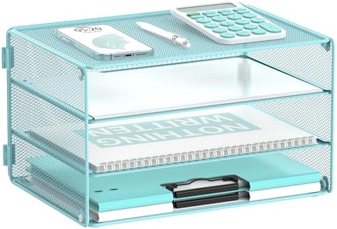 DALTACK 3 Tier Letter Tray Paper Organizer with Sliding Mesh Trays Blue by DALTACK