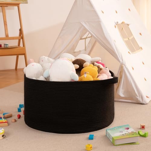 OIAHOMY 105L Extra Large Blanket Basket - Decorative Cotton Rope Storage Basket for Bedroom, Living Room & Nursery - Woven Laundry Hamper for Organizing Blankets, Clothes & Toys - Black - Image 6