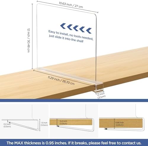 6 Pack 12 Inches [Extra Tall Version] Clear Shelf Dividers for Organization, Acrylic Closet Shelf Vertical Shelves Organizer for Bedroom, Office and Kitchen - Image 2