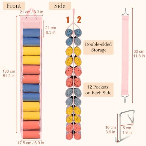 Lirex Hanging Yoga Legging Storage Organizer with 24 Pockets, Foldable Oxford Cloth Hanging Closet Organizer Shirts Jeans Storage Hanger Socks Holder for Family Closet Bedroom, Pink - Image 3