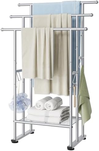 ELYKEN 3 Tier Freestanding Towel Rack with Shelf, 40" H Towel Stand, Silver by ELYKEN