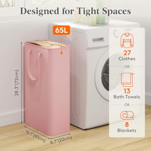 Lifewit Slim Collapsible Laundry Basket with Handles, 65L, Pink - Image 2