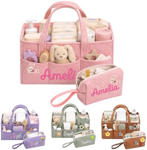 Personalized Diaper Caddy Organizer Baby Basket with Tote Bag Pouch by Rucekia