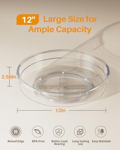 LAMU 2 Pack 12 Inch Lazy Susan Organizer Turntable for Cabinet, with High Edges to Prevent Falling, Large Clear Lazy Susan for Kitchen, Pantry, Refrigerator, Countertop, Table, Bathroom - Image 2