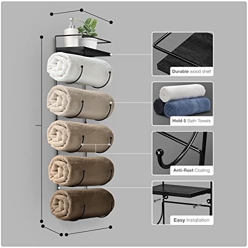 Sorbus Wall Towel Rack, 5-Tier Wood Shelf, Wall Mounted (Black) - Image 4