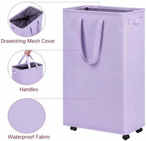 efluky Slim Laundry Hamper with Wheels, Rolling Laundry Basket for Clothes, Small Laundry Basket for Bedroom, Dorm and Laundry Room, 75L (19.8 Gallons) Purple - Image 3