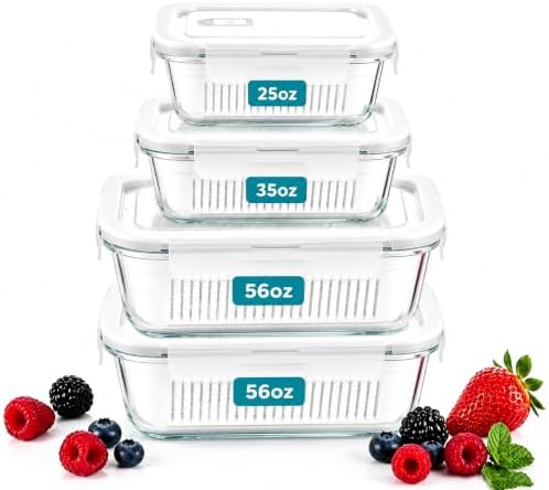 4 Pack Glass Berry storage containers for fridge with Removable Colander and Vent Valve, Fresh fruit Produce Storage Set（white） by Unknown