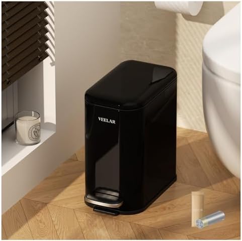 Slim Bathroom Trash Can with Lid, 1.6 Gallon / 6 Liter Stainless Steel Trash Bin, Step Pedal Garbage Cans for Bedroom, Kitchen, Office (Black) by VEELAR