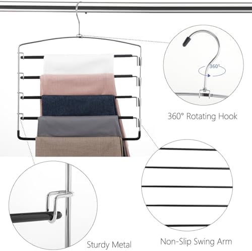 FeeraHozer Pants Hangers Non Slip 3 Pack Space Saving Hangers Multi-Layer Swing Arm Pants Hanger Stainless Steel Space Saver Hanger Closet Storage Organizer for Jeans Trouser Slacks Clothes (Black) - Image 4