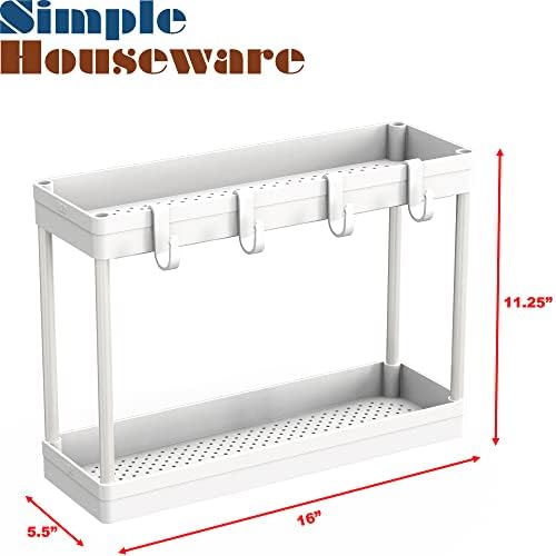 Simple Houseware 2-Tier Under Sink Organizer Storage Tray with Hooks, White - Image 5
