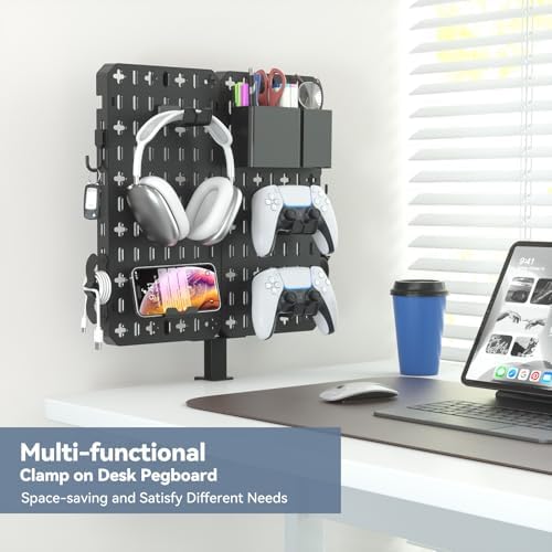 KDD 7 in 1 Clamp-on Desk Pegboard - No Drill Desk Side Storage with Phone Stand/Pen Holder/Storage Box/Headset & Controller Holder/Hooks, Detachable Gaming Pegboard for Office & Home Desktop Organizer - Image 2