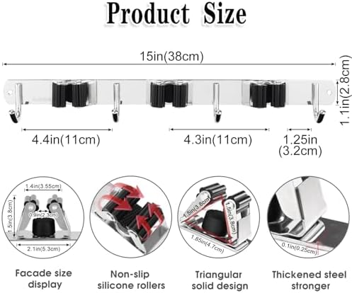 2 Pack Broom Holder Wall Mount, 3 Racks 4 Hooks Mop and Broom Organizer - Image 3