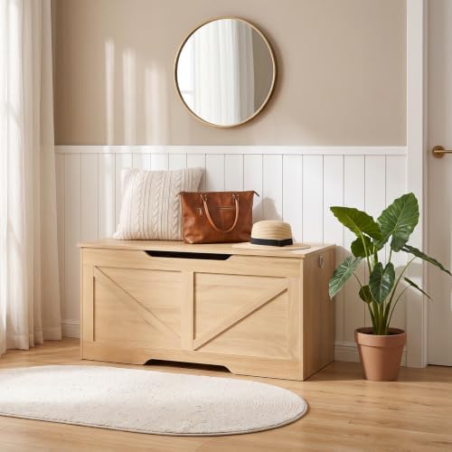 HOOBRO Storage Bench, 39.4” Retro Wooden Storage Chest with U-Shaped Cut-Out Pull, Safety Hinge, Supports 330 lb and Easy Assembly for Toy Box Organizer (Natural) NL771CW01G1 - Image 4