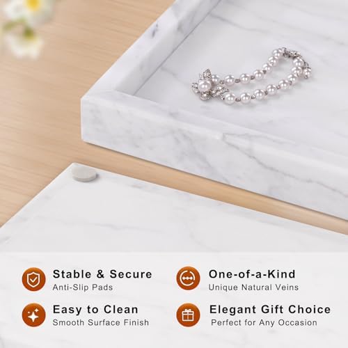Marble Bathroom Tray for Countertop & Home Decor, Natural Decorative Marble Tray for Jewelry & Perfume Organizer, Luxury Stone Vanity Trays for Dresser, Kitchen Counter, 12" x 8", White - Image 2