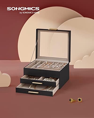 SONGMICS Jewelry Box Organizer, 3-Layer Storage with 2 Drawers, Glass Lid - Image 2