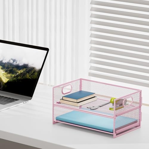 Marbrasse 2 Tier Paper Organizer Letter Tray, Mesh File Organizer with Handle, Paper Sorter Desk Organizer for Home Office Supplies - Pink - Image 3