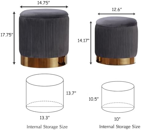 Round Ottoman with Storage Set of 2 Gray Velvet Vanity Stool - Image 3