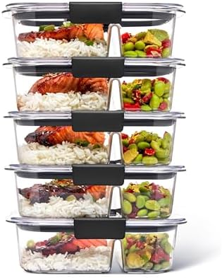 Rubbermaid Brilliance Meal Prep Containers, 2-Compartment Food Storage Containers, 2.85 Cup, 5-Pack, BPA-Free, Clear/Grey by Rubbermaid