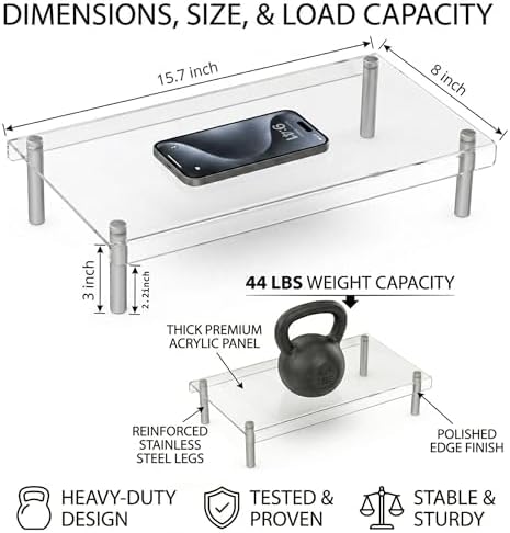 2 Pack Clear Acrylic Riser, Display Stand, Large Transparent Monitor Riser Stand Acrylic Shelf with Non-Slip Feet, Desktop Organizer for Collectibles, Figurines, Cosmetics, Multifunctional Stand - Image 6