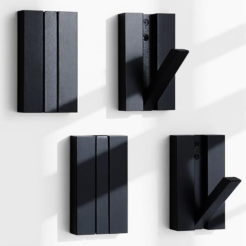 Wood Wall Hooks for Entryway: 4Pack Folding Black Modern Coat Hooks by KYIAANY