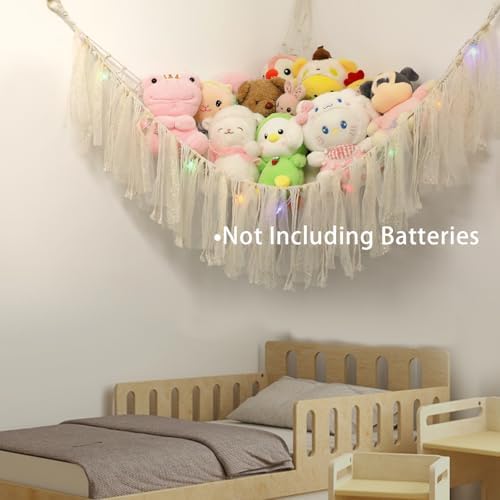 Stuffed Animal Hammock with LED Lights - 59 Inch Large Toy Storage Net for Kids Bedroom, Wall-Mounted Plush Organizer with Wooden Rings, Nursery Decor (Handwoven, White) - Image 5