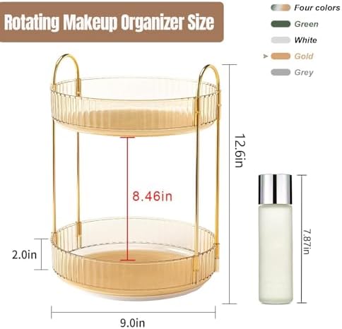 360 Rotating Makeup Organizer for Vanity, Bathroom Countertop Spinning Perfume Organizer, High-Capacity Cosmetic and Skincare Dresser Make Up Holder Rack (2 Tiers, Yellow) - Image 2